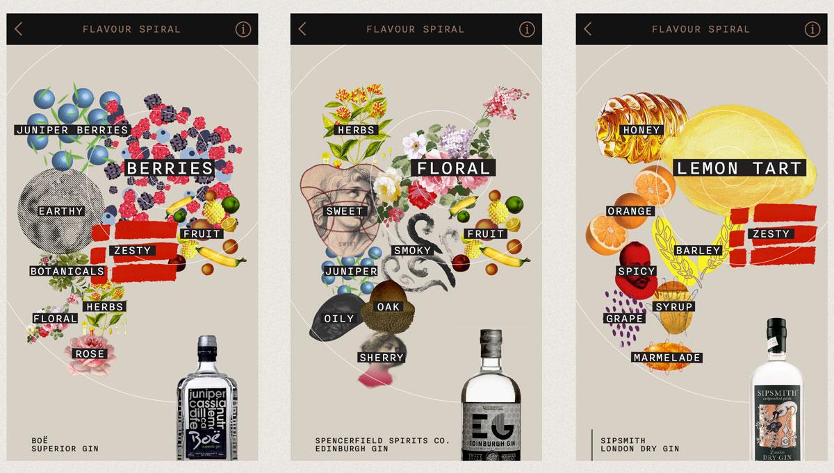 Flavour Spirals of three London Dry Gin Brands Flavour Spirals of three London Dry Gin Brands